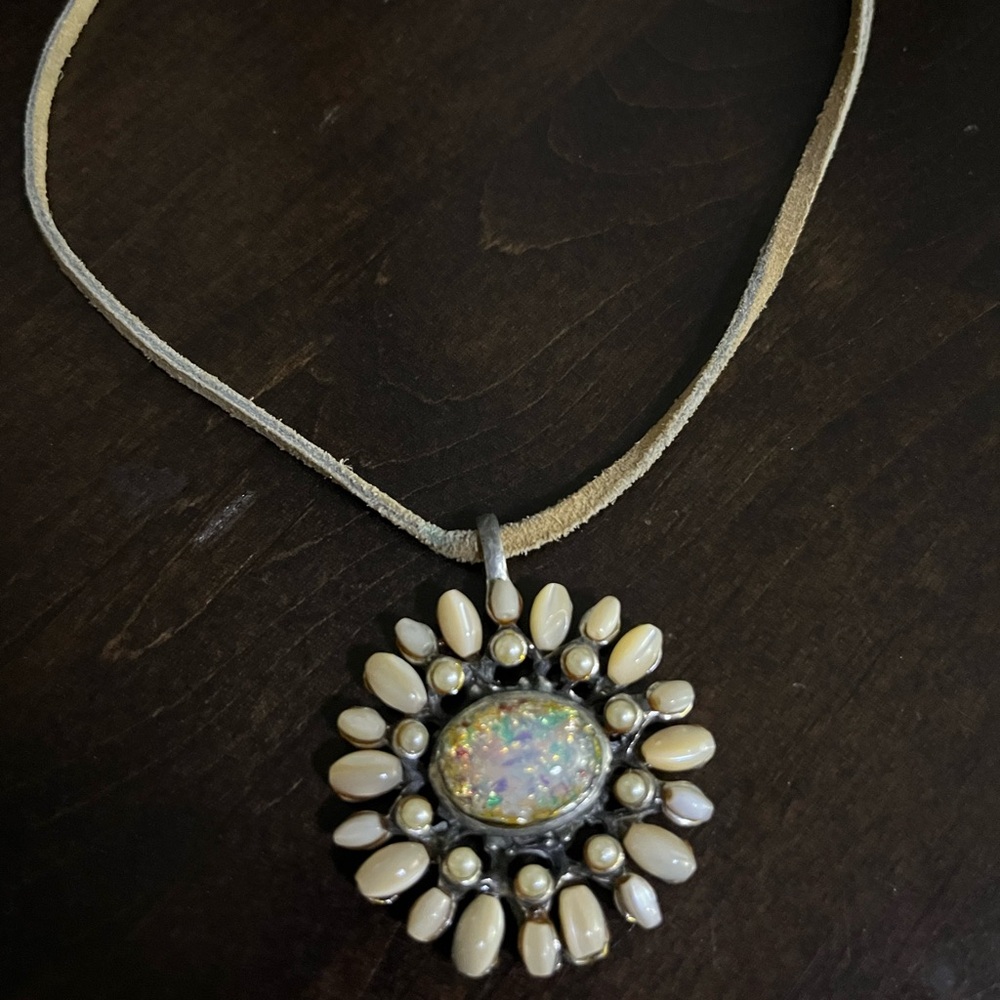 White House Black Market Opal and Cream and Silver Sunburst Necklace
